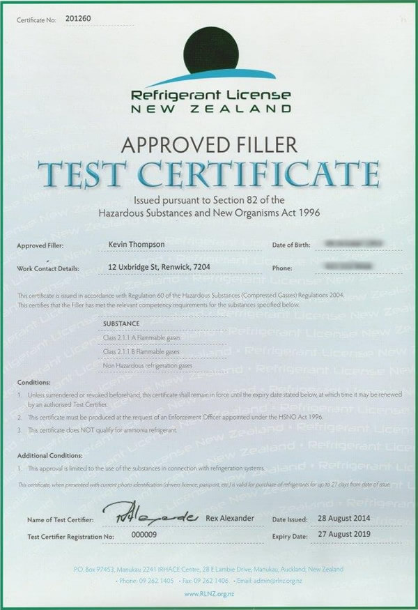 IRHACE Approved Filler Test Certificate Of Thompson Electrical Ltd