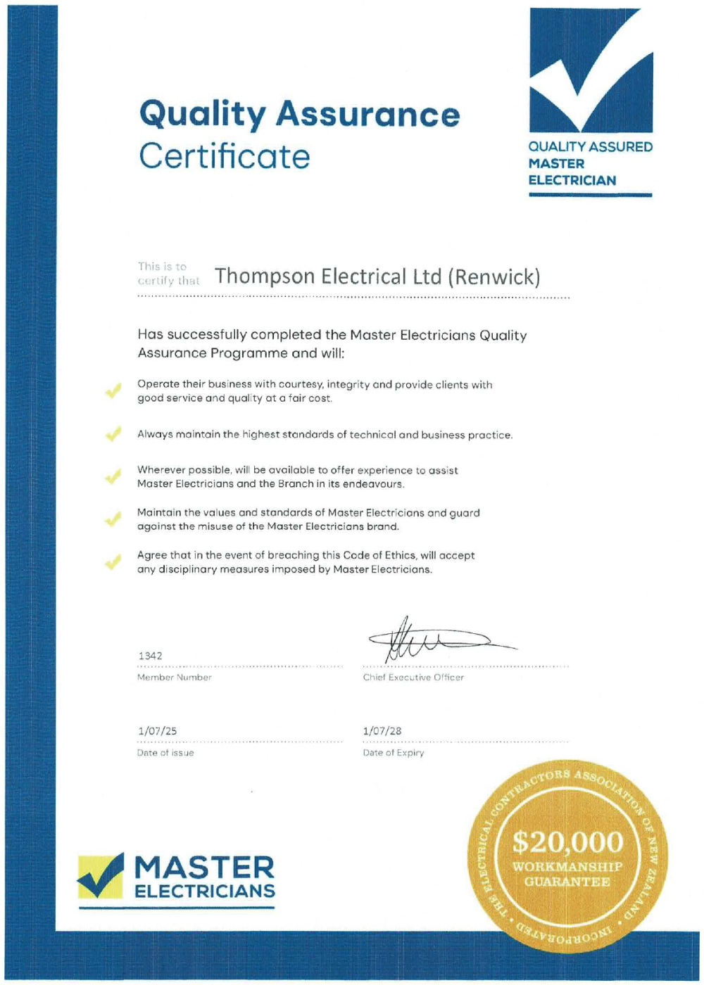 Master Electrician Quality Assurance Certificate Of Thompson Electrical Ltd In Marlborough NZ
